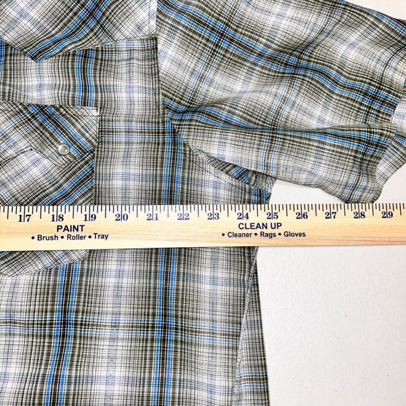 Mens Western Shirt XL Wrangler Pearl Snap Plaid Short Sleeve Green white - Picture 4 of 9